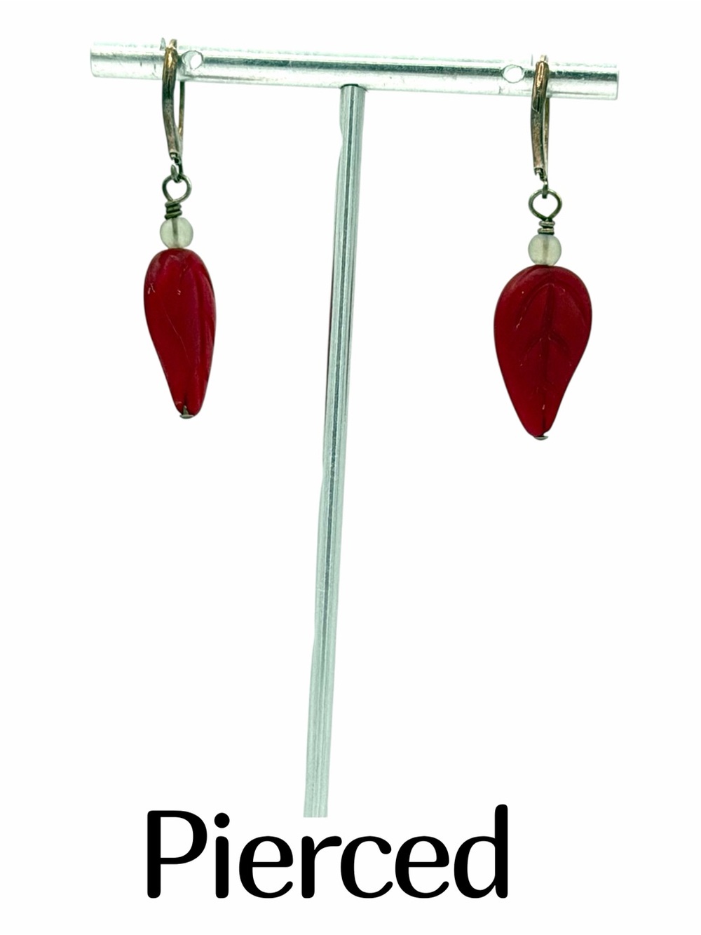 Red Glass Leaf & Silver-tone Pierced Earrings Fall Leaves Woman’s Jewelry
